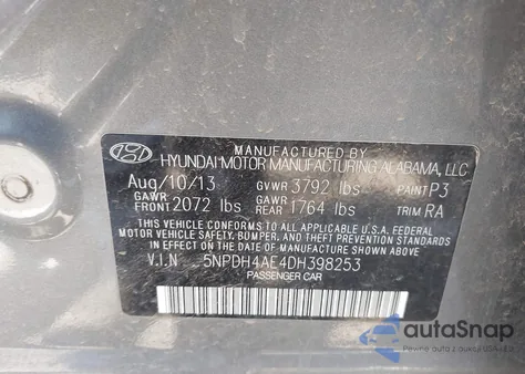 2013 Hyundai Elantra Gls from USA, damaged, VIN 5NPDH4AE4DH398253